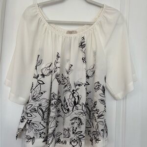 NEW LOFT Floral Print Chiffon White Black Short Sleeve Blouse Petites LP